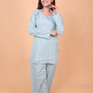 Cotton Dress– Light Blue Printed Ethnic Straight Kurta with Wide-Leg Pants