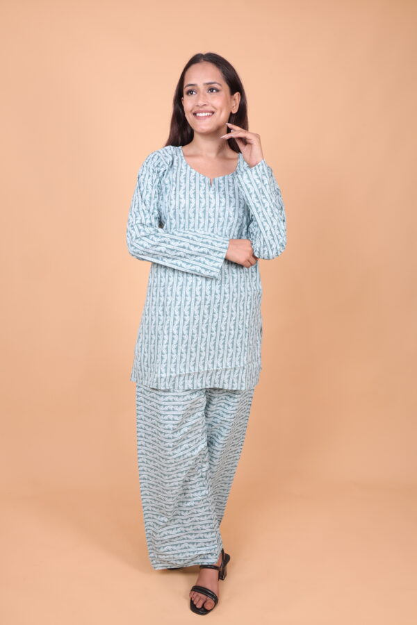 Cotton Dress– Light Blue Printed Ethnic Straight Kurta with Wide-Leg Pants