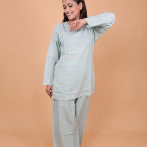 Cotton Kurta Set – Light Blue Printed Straight Kurta with Wide-Leg Pants