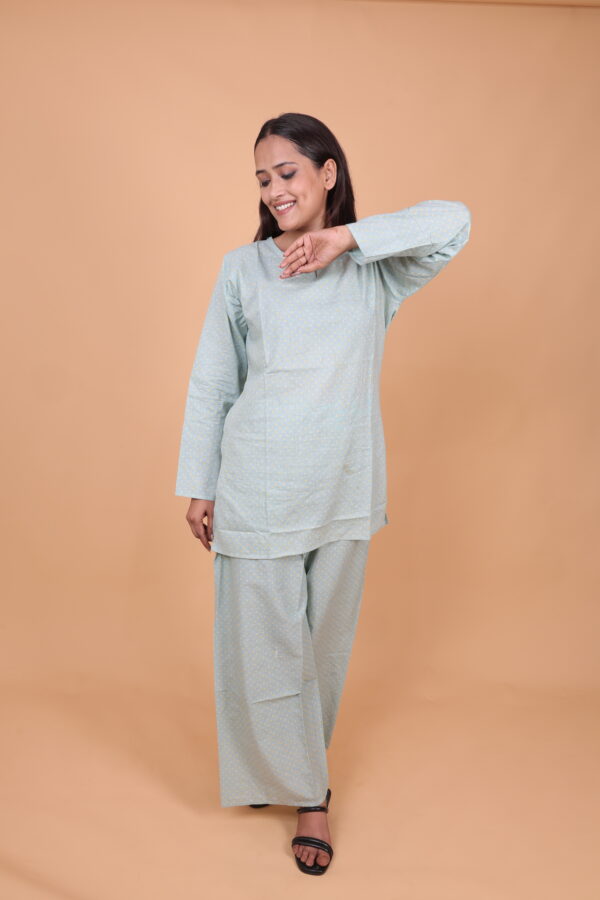 Cotton Kurta Set – Light Blue Printed Straight Kurta with Wide-Leg Pants