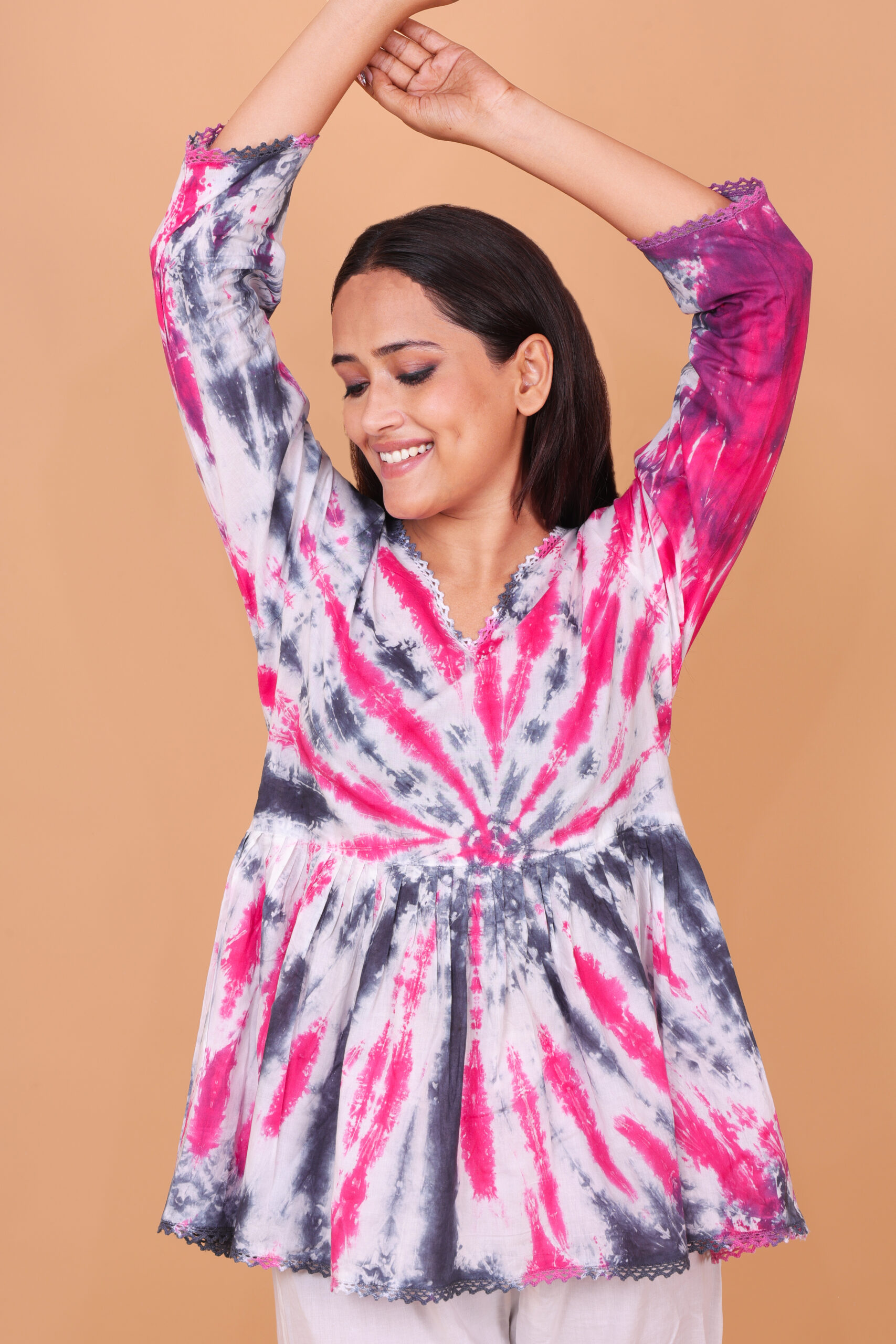 Pink & Grey Tie-Dye Cotton Tunic Top with V-Neck and Lace Detailing - Image 3