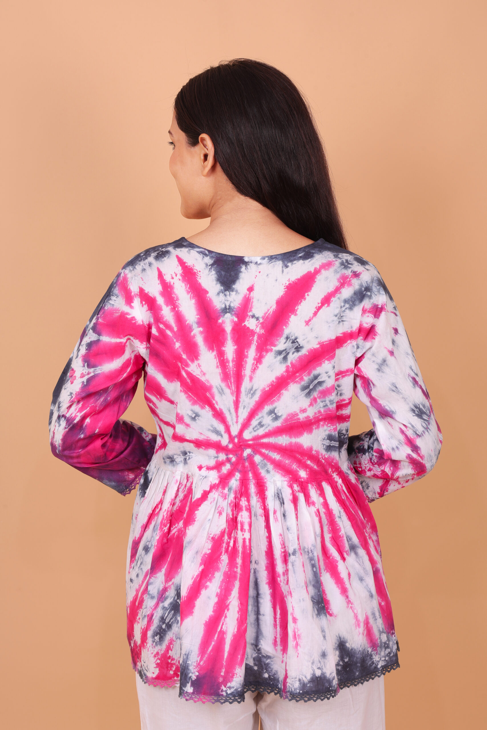 Pink & Grey Tie-Dye Cotton Tunic Top with V-Neck and Lace Detailing - Image 5