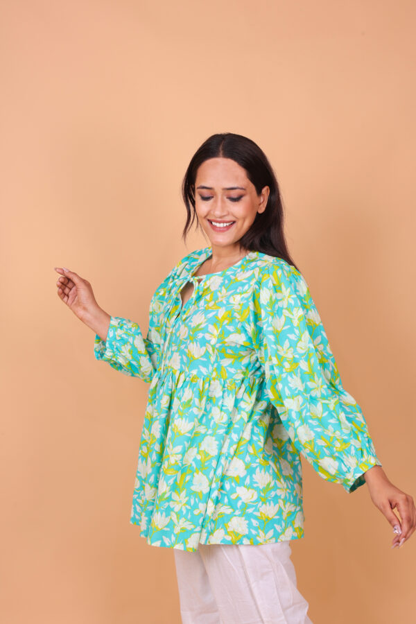 Aqua Blue Floral Tunic Top with Tie Neck & Balloon Sleeves - Image 2