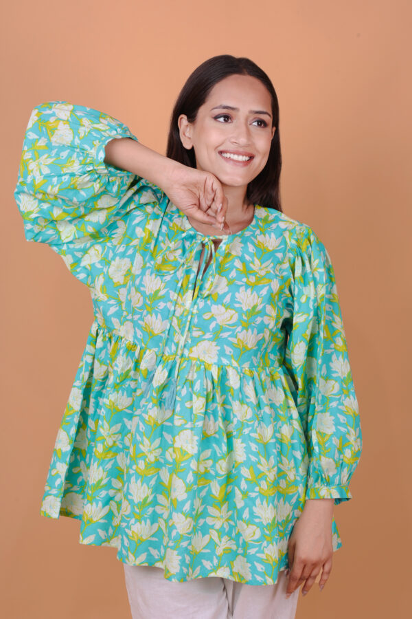Aqua Blue Floral Tunic Top with Tie Neck & Balloon Sleeves - Image 3