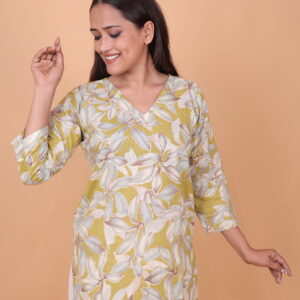 Floral Printed Kurta – Yellow V-Neck 3/4 Sleeve Ethnic Tunic for Daily Wear