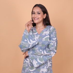 Floral Printed Kurta – gray V-Neck Long Sleeve Ethnic Tunic for Casual Wear