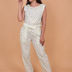 Women’s White & Green Floral Print Sleeveless Cotton Co–Ord Set Comfortable Summer Loungewear