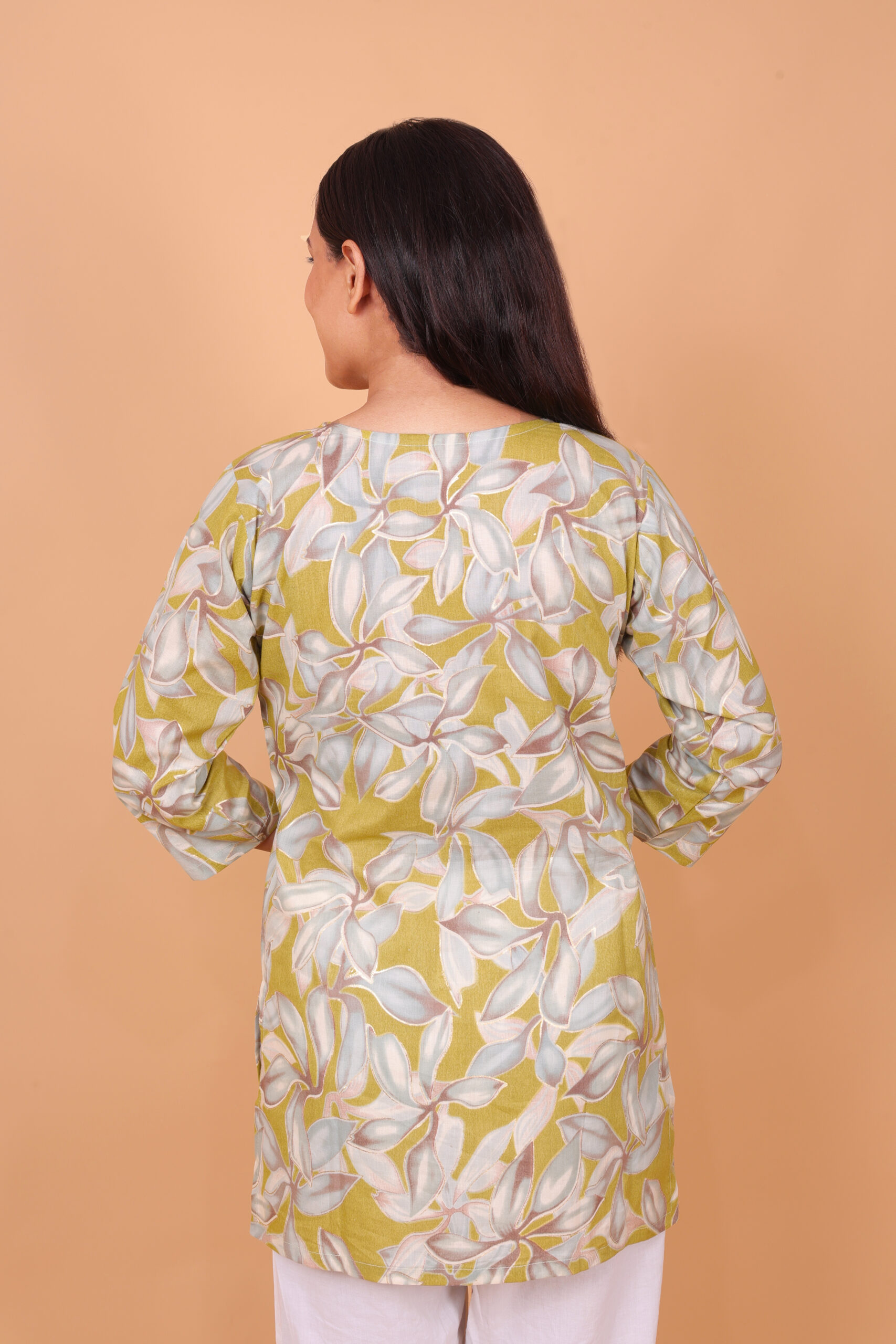 Floral Printed Kurta – Yellow V-Neck 3/4 Sleeve Ethnic Tunic for Daily Wear - Image 5