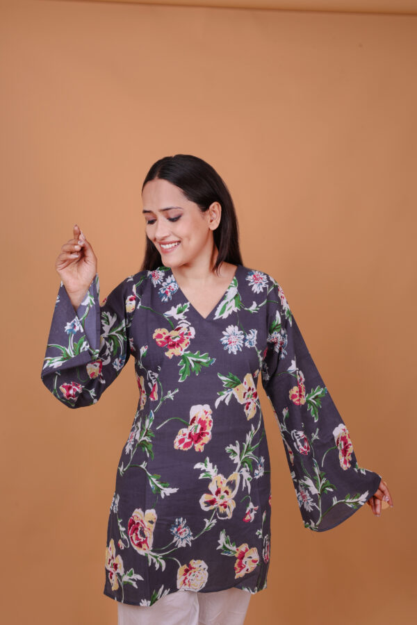 Floral Printed Kurta – Navy Blue V-Neck Long Sleeve Ethnic Tunic for Casual Wear - Image 5