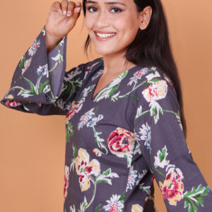 Floral Printed Kurta – Navy Blue V-Neck Long Sleeve Ethnic Tunic for Casual Wear