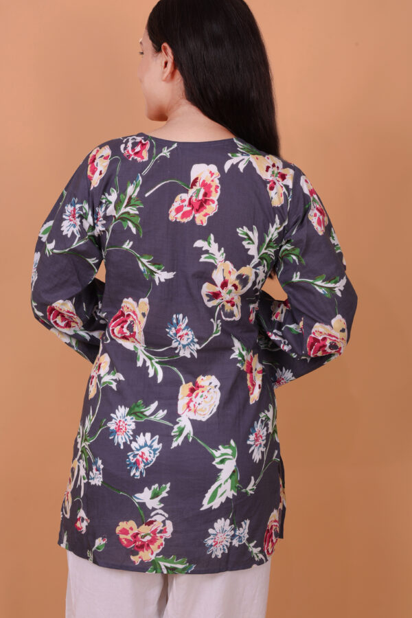 Floral Printed Kurta – Navy Blue V-Neck Long Sleeve Ethnic Tunic for Casual Wear - Image 2