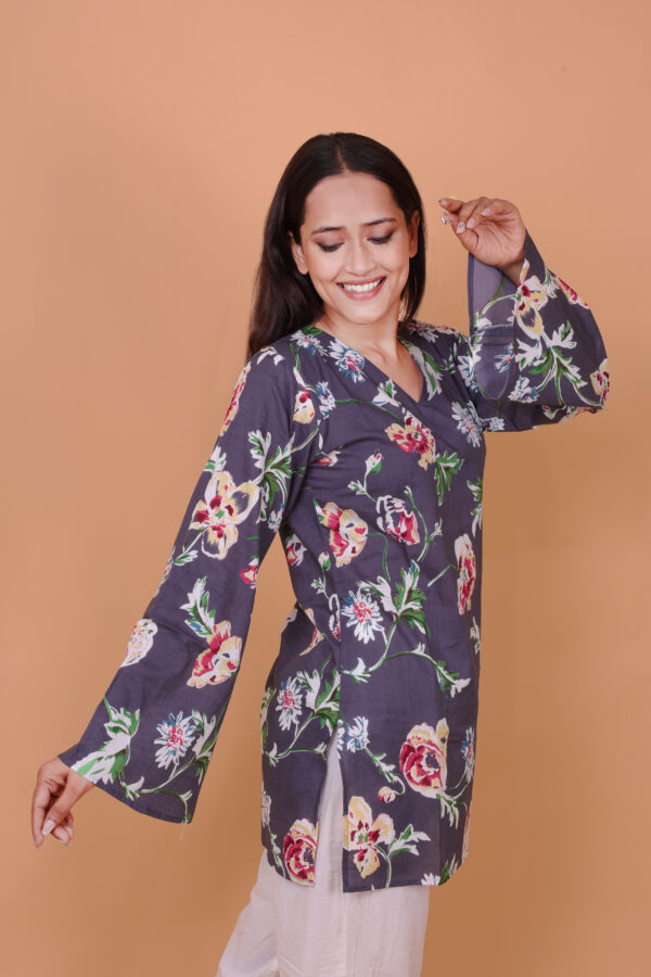 Floral Printed Kurta – Navy Blue V-Neck Long Sleeve Ethnic Tunic for Casual Wear - Image 3