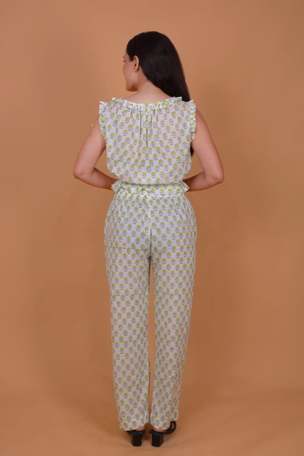 Women’s White & Green Floral Print Sleeveless Cotton Co–Ord Set Comfortable Summer Loungewear - Image 2