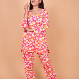 Pink Floral Print Cotton Kurta Set – Vibrant Ethnic Casual & Festive Wear